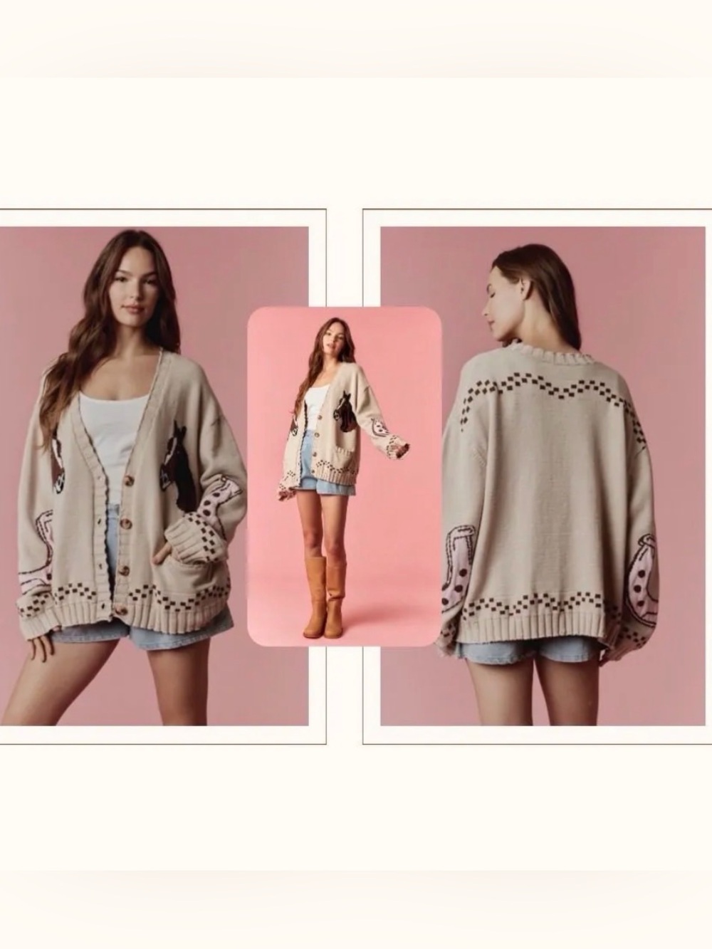 New peach love cotton horse sweater cardigan oversize boutique small med large